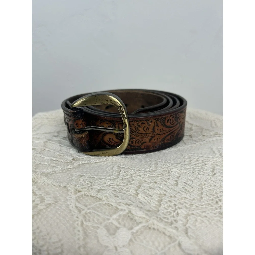 Leather Embossed Vintage Belt Brown Western Cowboy Boho Size 44 Retro Western